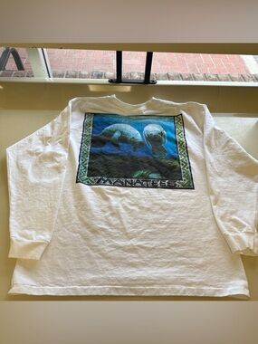 Manatees Graphic Long Sleeve Tee - White with Blue/Green Print